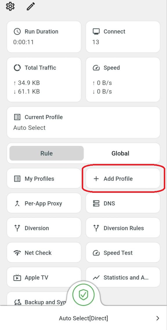 Экран Karing с кнопкой Add Profile