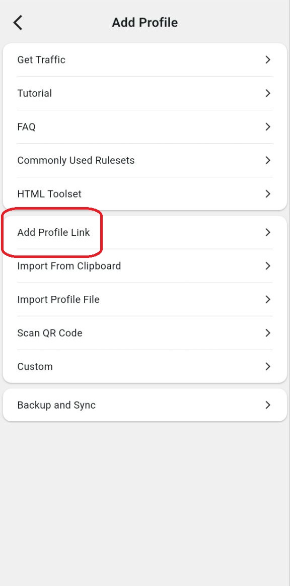 Экран Karing с пунктом Add Profile Link