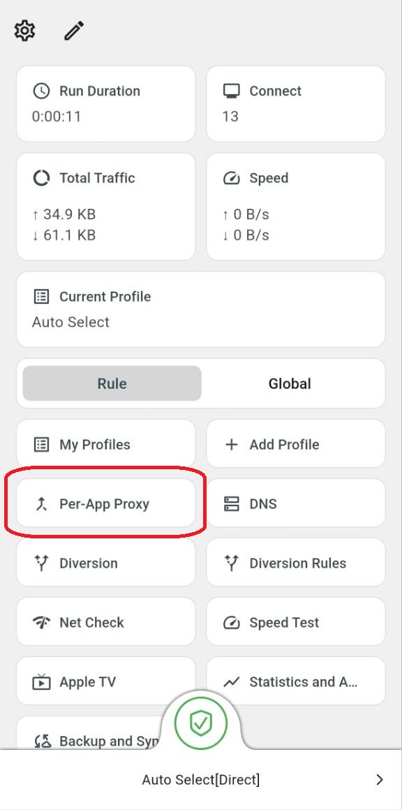 Экран Karing с выделенной кнопкой Per-App Proxy